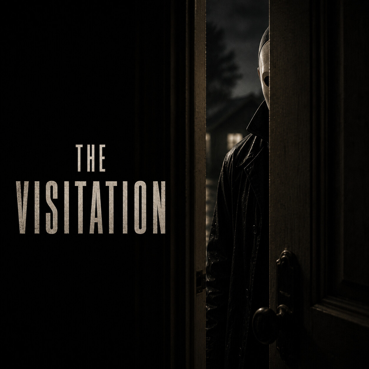 A masked figure stands in a doorway at night, the words The Visitation displayed beside them.