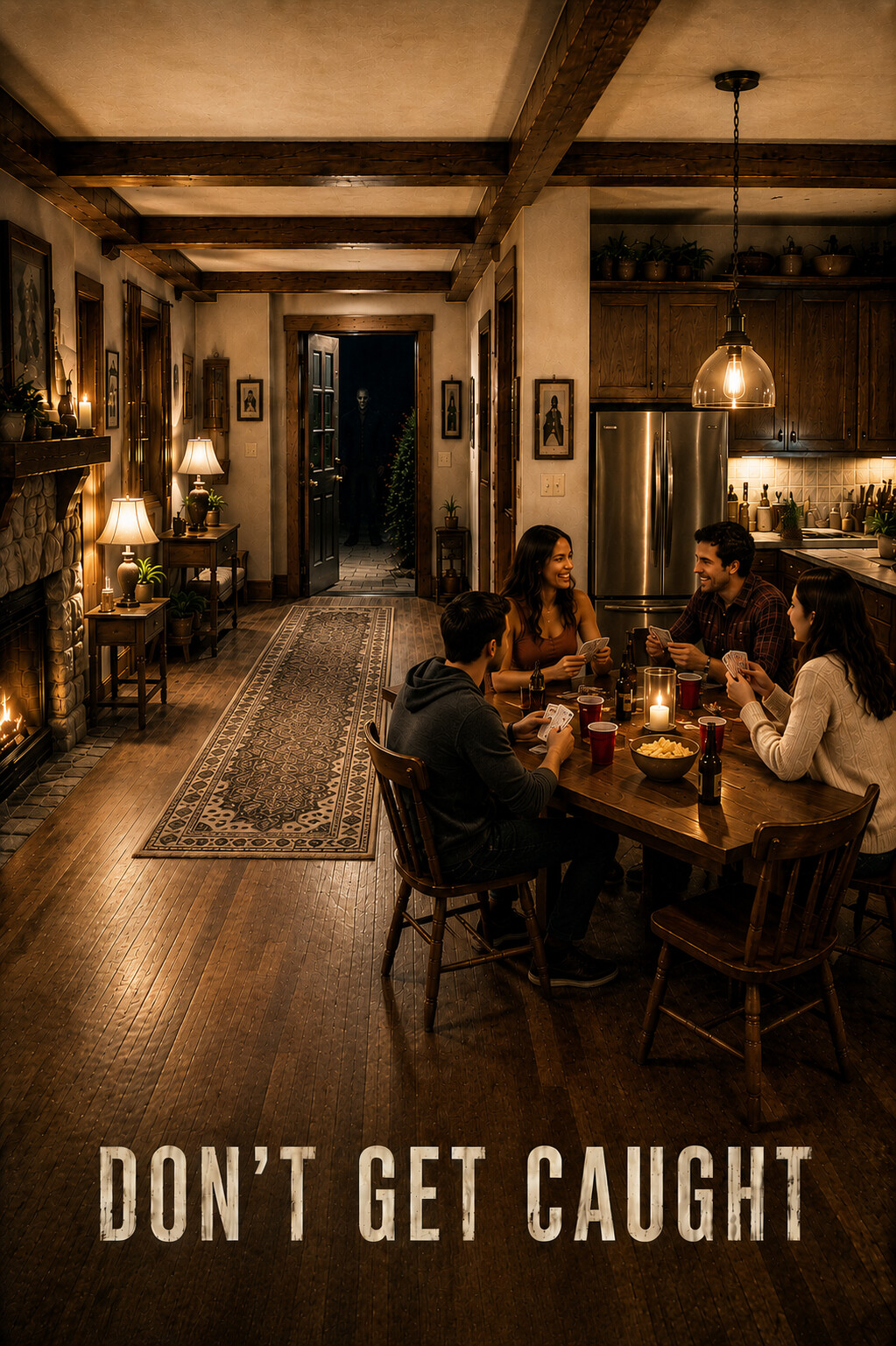 A group of friends plays cards around a warmly lit table, unaware of a masked figure standing in a dark doorway behind them, with text reading Don't get caught.